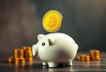 A gold coin dropping into a piggy bank, financial icons subtly overlaid,  treasure,  business