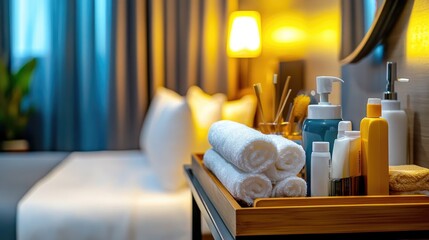 Hotel housekeeping cart stocked with mini toiletries, toilet paper, and disinfectants