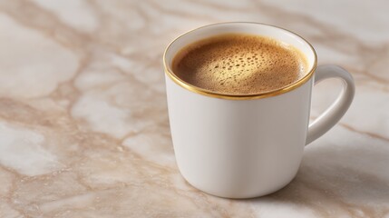 Coffee rests on a marble surface. Morning beverage, caffeine drink, espresso cup, gold rimmed mug, refreshment