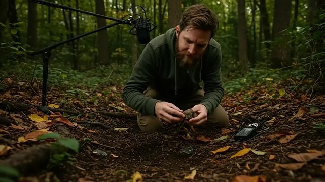 Man examining rock samples in forest setting for nature documentary or research