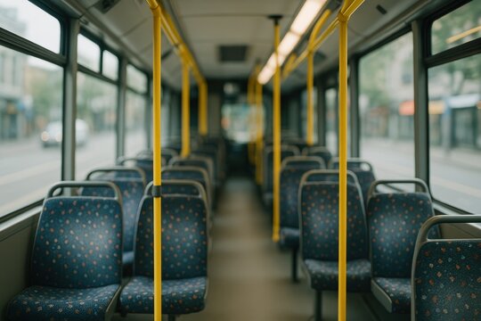 Interior view of an empty bus with rows of seats and yellow handrails. Public transportation concept for travel and urban commuting.