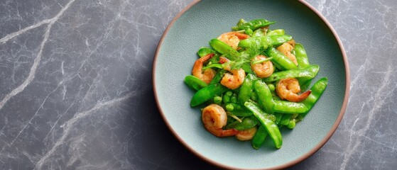 Shrimp and snow peas are displayed on a plate. Fresh seafood dish, healthy cuisine, asian cooking, gourmet meal, food photography