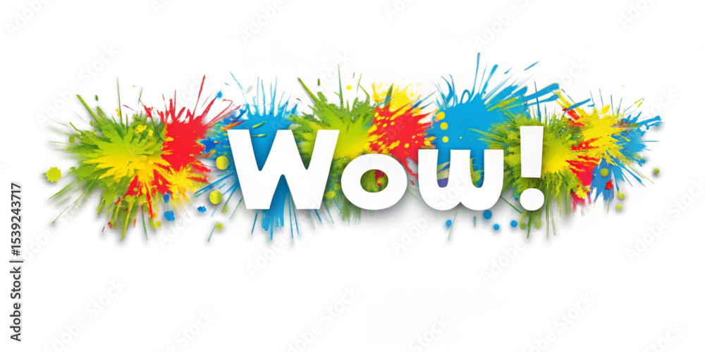 Poster the word wow in white letters surrounded by colorful paint splatters and a white background is visib