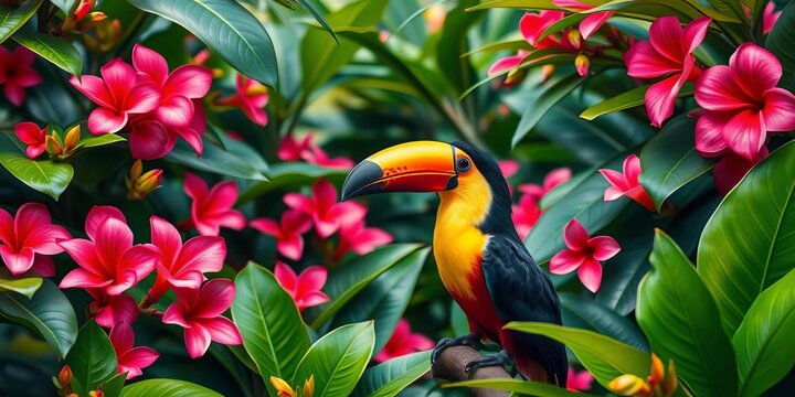 Vibrant toucan amidst lush tropical blooms and foliage, toucan, red - Powered by Adobe
