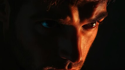 A man's intense gaze, exuding confidence and focus against a dark backdrop with reddish light glow. where a strong emotional expression is sought.