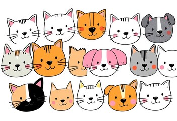 Whimsical horizontal banner of cute hand-drawn cat and dog faces; doodles, playful, cartoonish style,  hand-drawn,   clipart