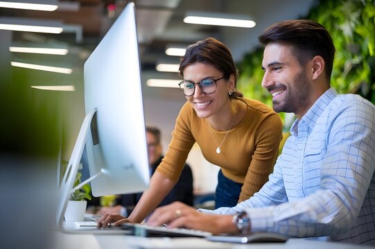 young couple working on laptop computer - Powered by Adobe