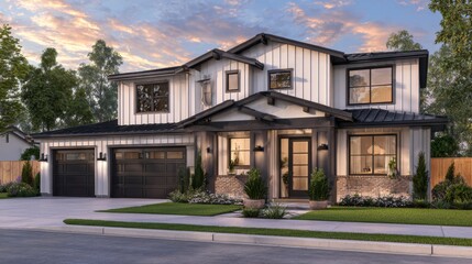 Obraz premium Elegant home design with horizontal siding, bold brick columns, and two-car garage doors
