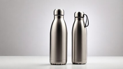 an isolated image of a reusable water bottle made of stainless steel, standing upright on a white background. Minimalist and eco-friendly design