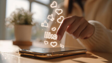 Woman hand holding mobile phone with social media like icon. Business communication, marketing concept. Digital lifestyle.