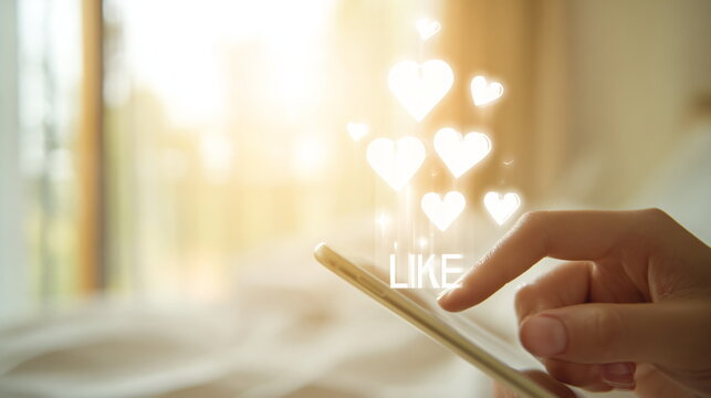 Woman hand holding mobile phone with social media like icon. Business communication, marketing concept. Digital lifestyle. - Powered by Adobe