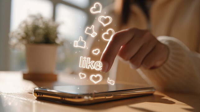 Woman hand holding mobile phone with social media like icon. Business communication, marketing concept. Digital lifestyle.