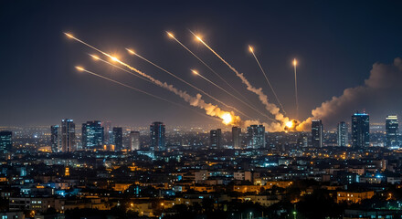 Dramatic wide shot: Night sky over Tel Aviv lit by multiple streaks of Iranian ballistic missiles intercepted by Israel's Iron Dome defense system, explosions creating fiery bursts against the dark