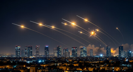 Fototapeta premium Dramatic wide shot: Night sky over Tel Aviv lit by multiple streaks of Iranian ballistic missiles intercepted by Israel's Iron Dome defense system, explosions creating fiery bursts against the dark