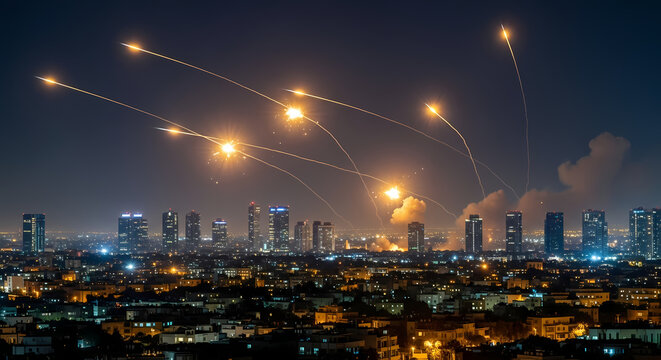 Dramatic wide shot: Night sky over Tel Aviv lit by multiple streaks of Iranian ballistic missiles intercepted by Israel's Iron Dome defense system, explosions creating fiery bursts against the dark