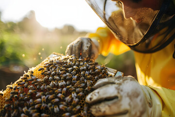 Beekeeper gently holding honeycomb frame full of 