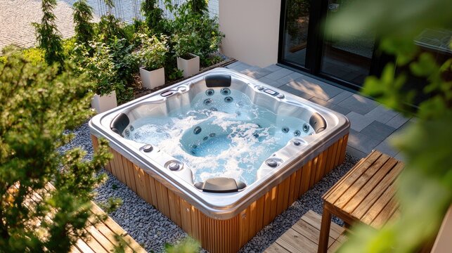 Modern hot tub nestled within a landscaped outdoor patio.