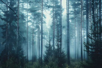 Obraz premium Foggy forest with tall pines disappearing into th