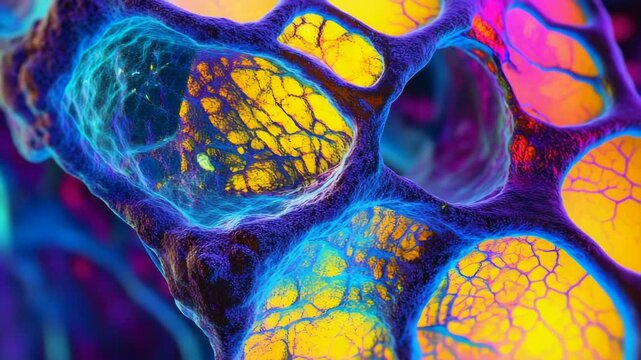 Purple and green cellular structures with yellow spots.