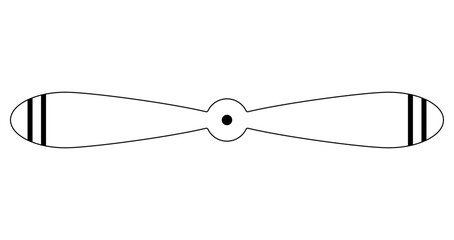 Black and white outline illustration of airplane propeller with two striped blades. Clipart image isolated on background.
