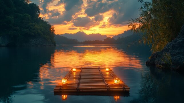 Serene sunset over a tranquil river with floating lanterns.