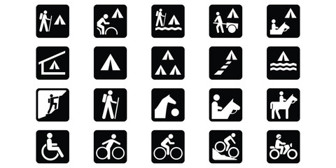 Recreational Symbols Icon Set – Vector Icons for Hiking, Camping, Accessibility, Cycling, Horse Riding, Swimming, Boating, Climbing, and Leisure Activities for Maps, Parks, and Outdoor Guides