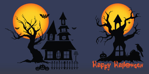 Spooky Halloween Night Scene with Haunted Castle, Scary Trees, Full Moon, Vampire, Ghosts, and Dark Forest – Horror Holiday Illustration in Silhouette Style for Autumn Backgrounds