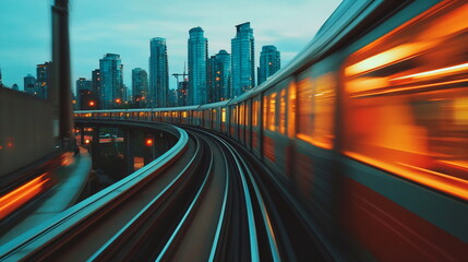 Fototapeta premium Elevated train moving at dusk among city skyline. Urban public transport at night. Commute and modern city life concept.