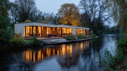 Modern bungalow design by the river with warm indoor lighting and sleek exterior lines