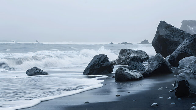 Volcanic black rock beach with giant boulders foa