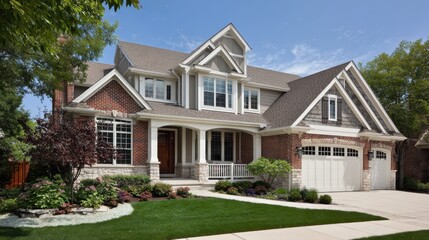 Modern suburban luxury home with stone-accented brick, white siding trim, and spacious garage