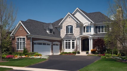 Modern suburban luxury home with stone-accented brick, white siding trim, and spacious garage