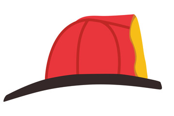 Red firefighter helmet side view with yellow detail and black brim vector illustration. Clipart image isolated on background.