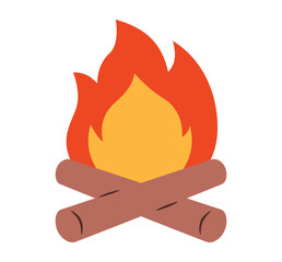 Flat design vector campfire icon with flames and logs. Clipart image isolated on background.