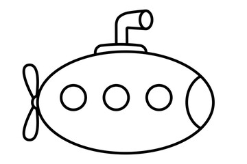 Simple line drawing of cartoon submarine with periscope and round windows. Clipart image isolated on background.