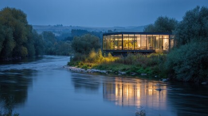 Fototapeta premium Open-plan modern home by the river with glowing glass facade at blue hour