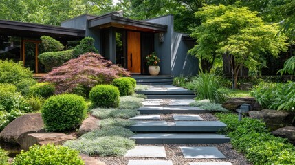 Fototapeta premium Path to modern home entry with sharp geometric steps and low-maintenance landscaping