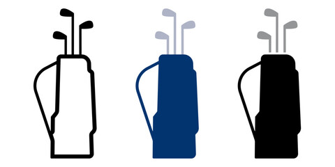 Set of golf bag icons in black blue and gray colors with clubs. Clipart image isolated on background.