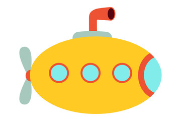 Colorful yellow submarine icon with periscope and propeller. Clipart image isolated on background.