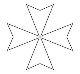 Simple black outline of Maltese cross on white background. Clipart image isolated on background.