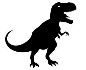 Black silhouette of T-Rex dinosaur standing with mouth open. Clipart image isolated on background.