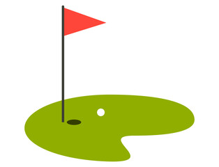 Simple golf course icon with flag and hole on green field. Clipart image isolated on background.