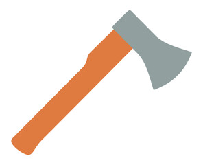 Flat design hatchet icon with orange handle and gray blade. Clipart image isolated on background.