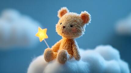 Cute teddy bear sits on white cloud holding luminous fairy star, for children's room decor, childhood memories, and baby shower.