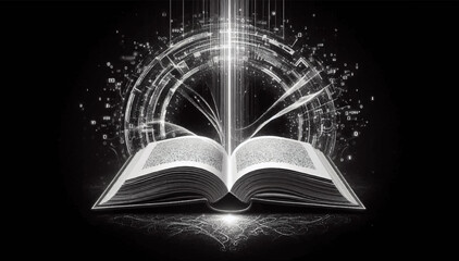 An open big book surrounded by digital computer symbols as a symbol of transferring all the accumulated knowledge of mankind to neural networks and AI on a black background. Vector graphics. EPS.