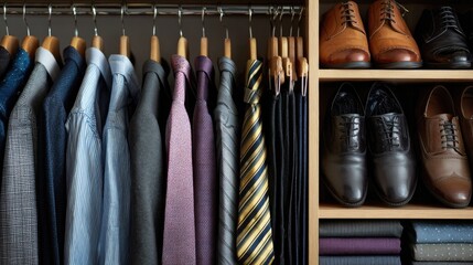 Organized wardrobe in hotel room with hangers, tie rack, and shoe storage
