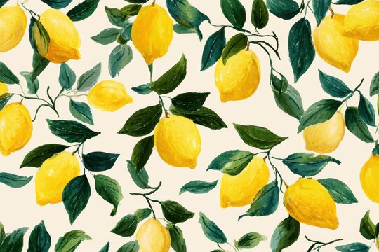 pattern of small watercolor lemons and leaves on a cream background, with a soft and airy pastel yellow color palette Generative AI