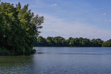 Tranquil view of summer lake surrounded by dense green deciduous trees under blue sky on sunny day....