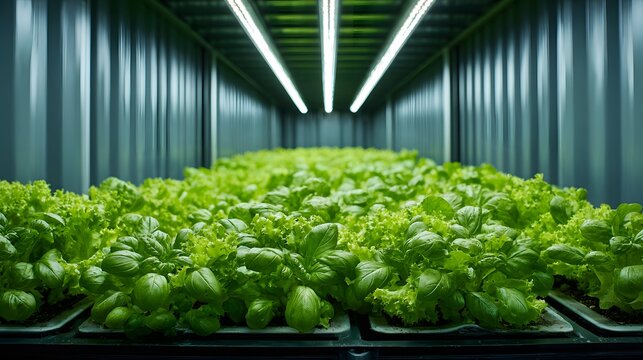 Hydroponic farm built inside shipping container city parking lot vibrant lettuce basil growing under LED light symbol of compact sustainable agriculture urban tech background cut out isolated
