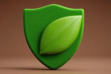 Green shield emblem with leaf representing environmental protection and sustainability ideals contrasting against warm brown background highlighting eco-friendly concepts